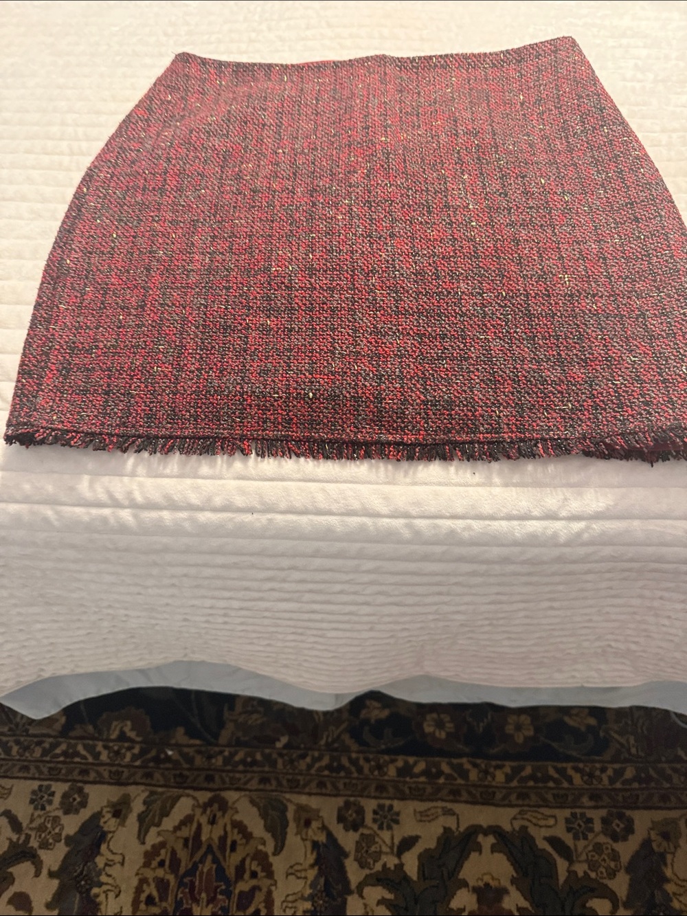 Molly Bracken Red Tweed Mini Skirt with Fringed Hem